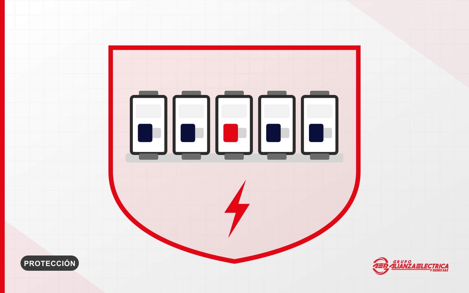 Ilustración de cinco interruptores automáticos sobre riel DIN dentro de un escudo